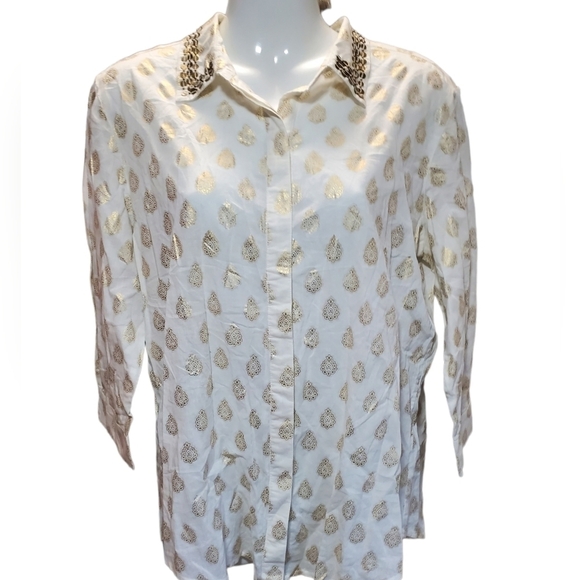 CHICOS button down white gold blouse M - Picture 1 of 9